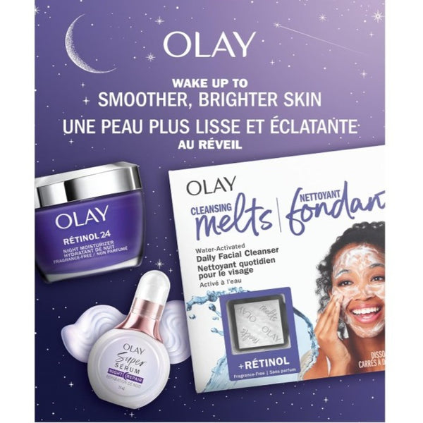 Olay Retinol Night Routine Skincare Set: Melting Facial Cleanser 12 Count + Night Super Serum 14 mL + Retinol Face Moisturizer 50 mL, Total 3 Pieces Gift Set